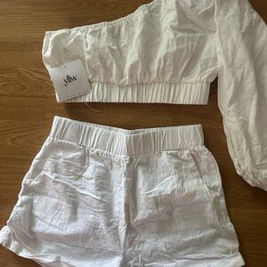 Yellow the Label/Beige Botany- White Linen Set One-Shoulder Top and Shorts Set.